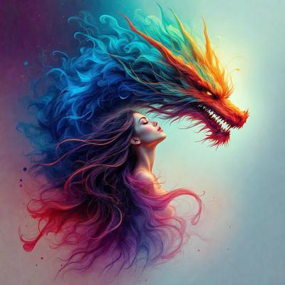 The primary subject of the image is a woman with long, flowing hair. She is positioned in the center of the scene, with her hair flowing outwards. The setting is a colorful, artistic background that features a dragon or a similar creature. The visual style is a combination of digital art and illustration, creating a vibrant and dynamic scene. The colors and mood of the image are lively and energetic, with the woman's hair and the dragon's colors creating a sense of